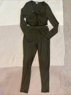 Long-Sleeve Olive Lace-Up Jumpsuit